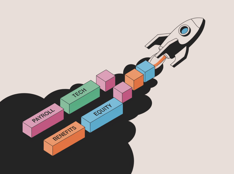 A rocket labeled "Tech Startup" launching upwards, leaving a trail of blocks labeled "Payroll," "Benefits," and "Equity."