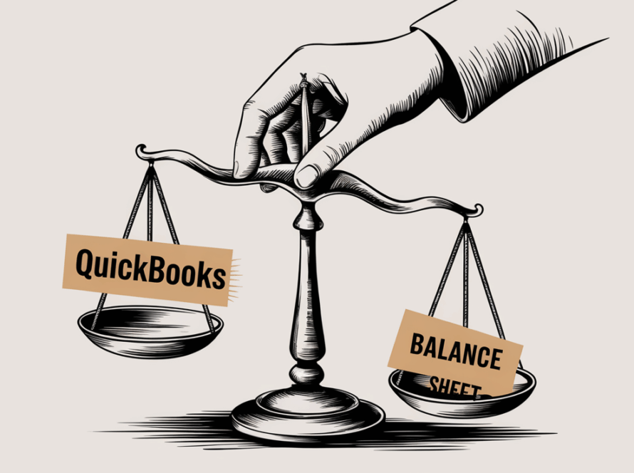 A hand balancing a scale labeled "QuickBooks" and "Balance Sheet."