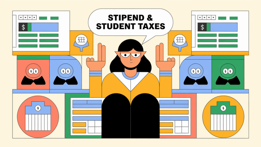A block illustration of a student surrounded by icons representing stipends, scholarships, and tax forms.