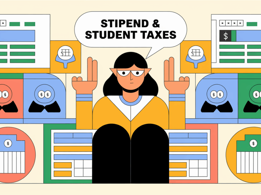 A block illustration of a student surrounded by icons representing stipends, scholarships, and tax forms.