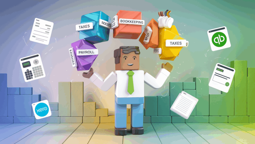 A person juggling colorful shapes labeled with bookkeeping tasks, surrounded by software icons.
