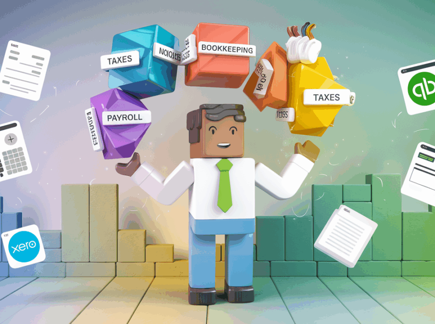 A person juggling colorful shapes labeled with bookkeeping tasks, surrounded by software icons.