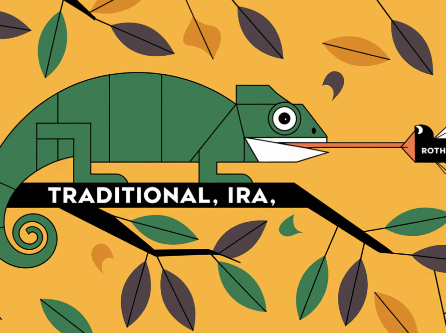 A colorful block illustration of a chameleon transferring between branches labeled "Traditional IRA" and "Roth IRA."