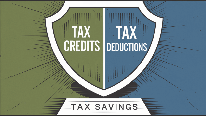 A block illustration of a shield divided in half, with "Tax Credits" on one side and "Tax Deductions" on the other, representing protection from a high tax bill.