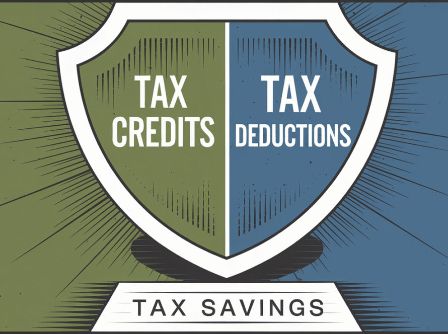 A block illustration of a shield divided in half, with "Tax Credits" on one side and "Tax Deductions" on the other, representing protection from a high tax bill.