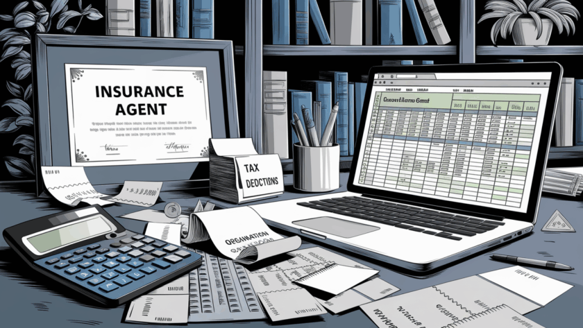 An ink drawing of an insurance agent's desk with tax-related items.