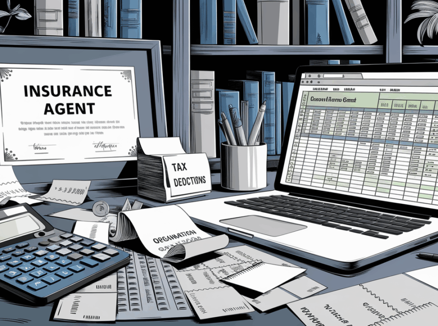 An ink drawing of an insurance agent's desk with tax-related items.