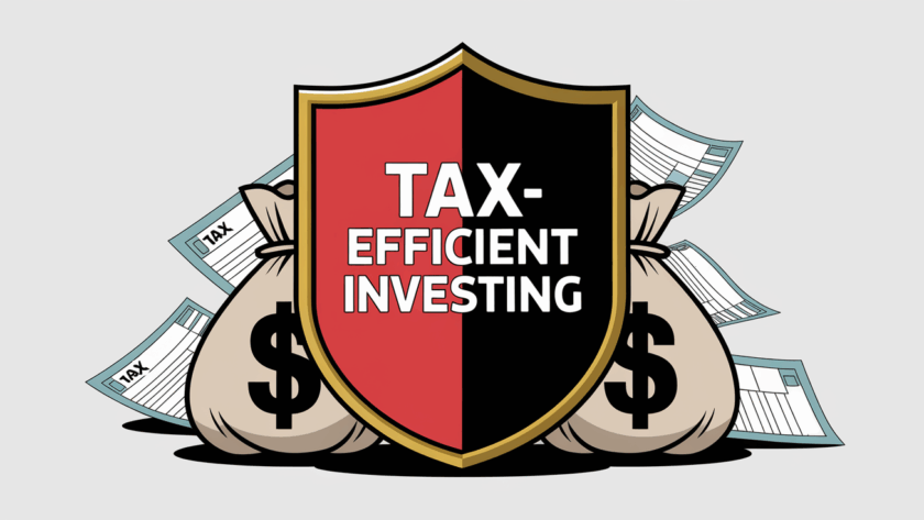 A block illustration showing a shield protecting money bags from falling tax forms, representing tax-efficient investing.