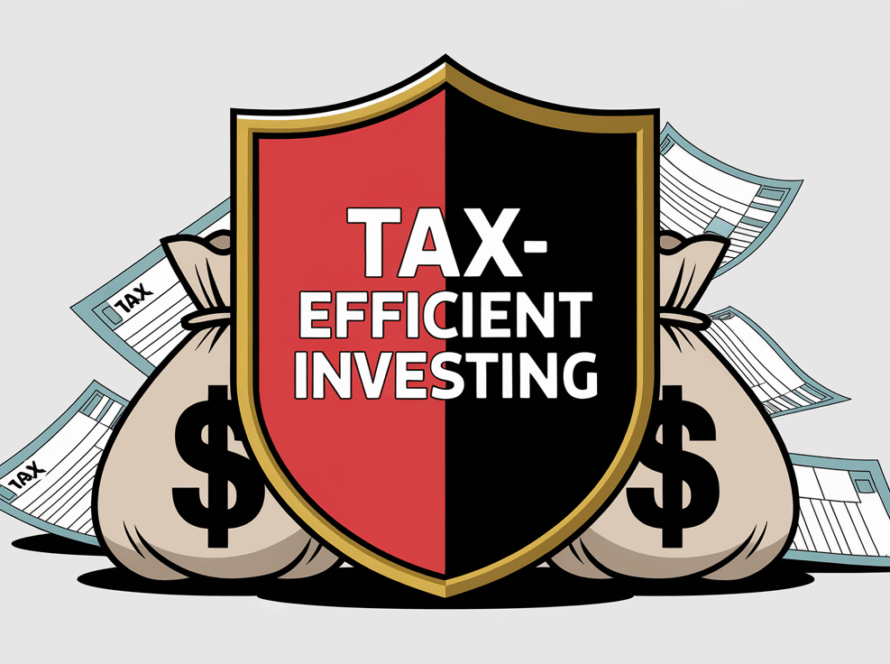 A block illustration showing a shield protecting money bags from falling tax forms, representing tax-efficient investing.
