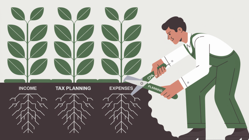Block illustration of a CPA tending to a plant representing a business, with leaves as "Income" and roots as "Expenses."