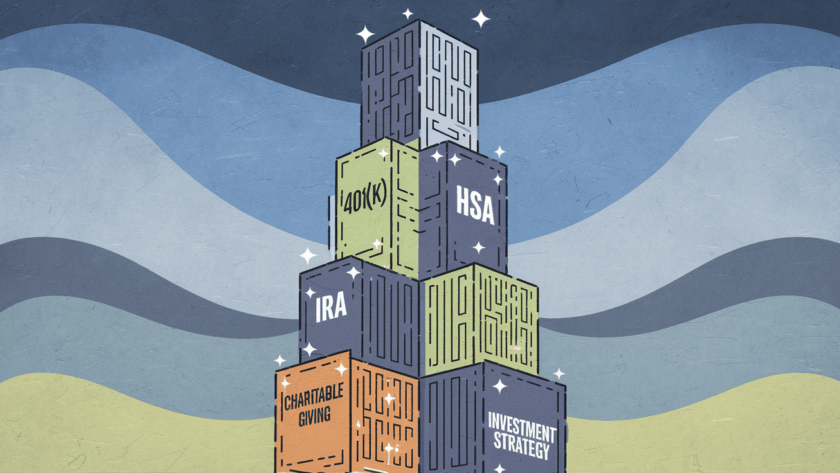 A stylized skyscraper built with blocks labeled with tax-saving strategies.