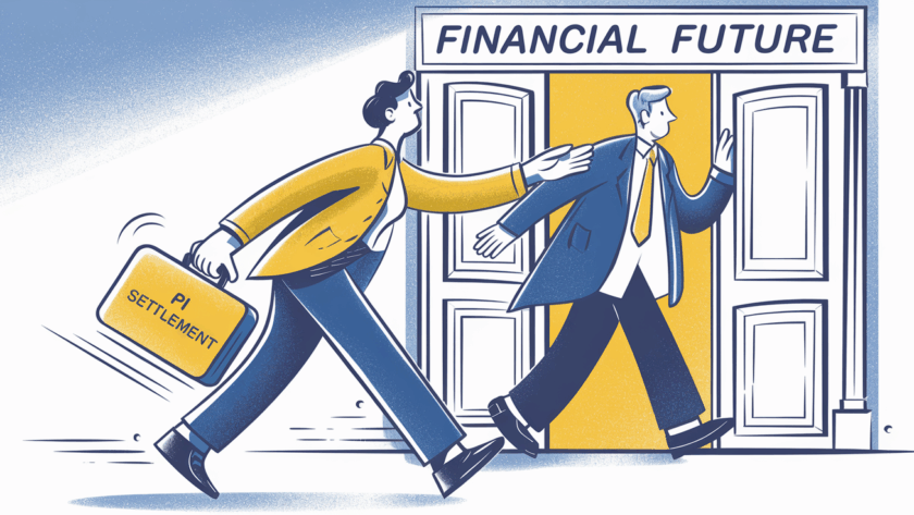 A person with a "PI Settlement" briefcase being guided towards "Financial Future" by a tax professional.