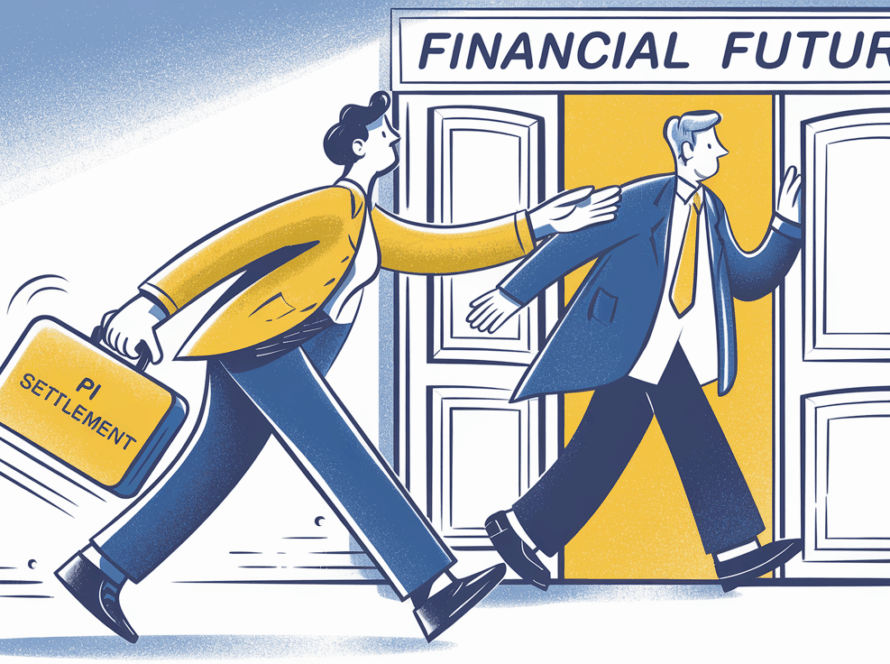 A person with a "PI Settlement" briefcase being guided towards "Financial Future" by a tax professional.