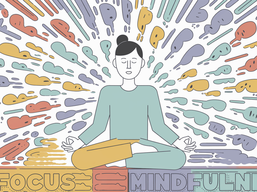 A person meditating calmly amidst a chaotic swirl of distractions.