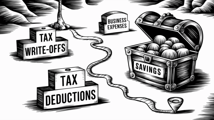 A treasure map leading to a treasure chest labeled "Tax Savings," with landmarks indicating "Tax Write-Offs," "Tax Deductions," and "Business Expenses."