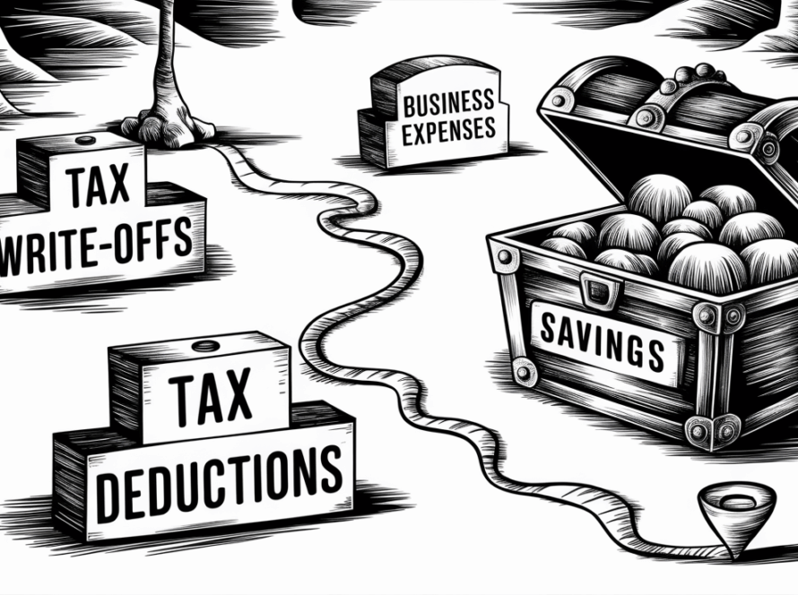 A treasure map leading to a treasure chest labeled "Tax Savings," with landmarks indicating "Tax Write-Offs," "Tax Deductions," and "Business Expenses."