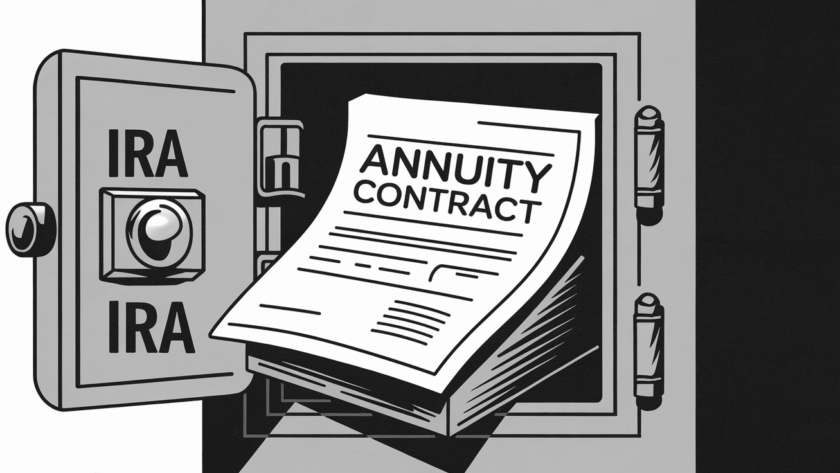 Block illustration of an annuity contract inside an IRA safe deposit box.