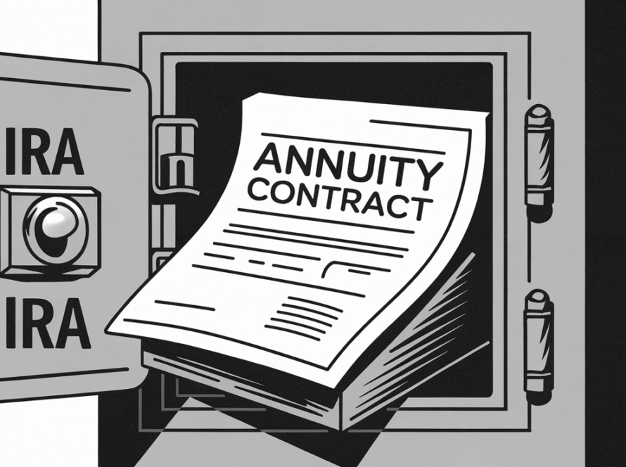 Block illustration of an annuity contract inside an IRA safe deposit box.