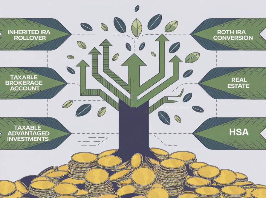 A stylized tree growing from coins, with branches representing reinvestment strategies for inherited IRAs.