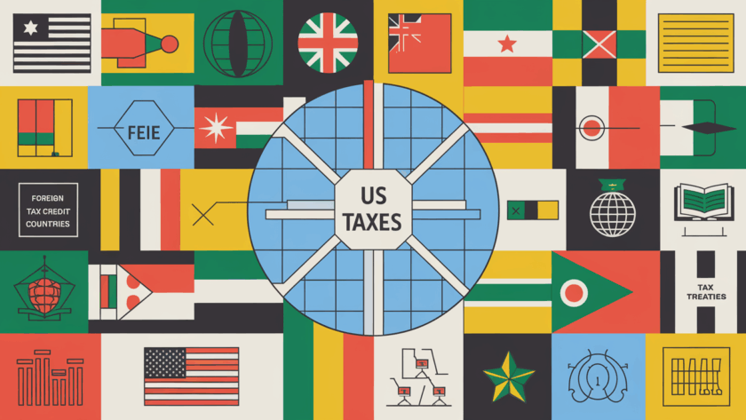 A block illustration showing a globe with flags representing different countries, connected to a central point labeled "US Taxes," with icons for key expat tax concepts.