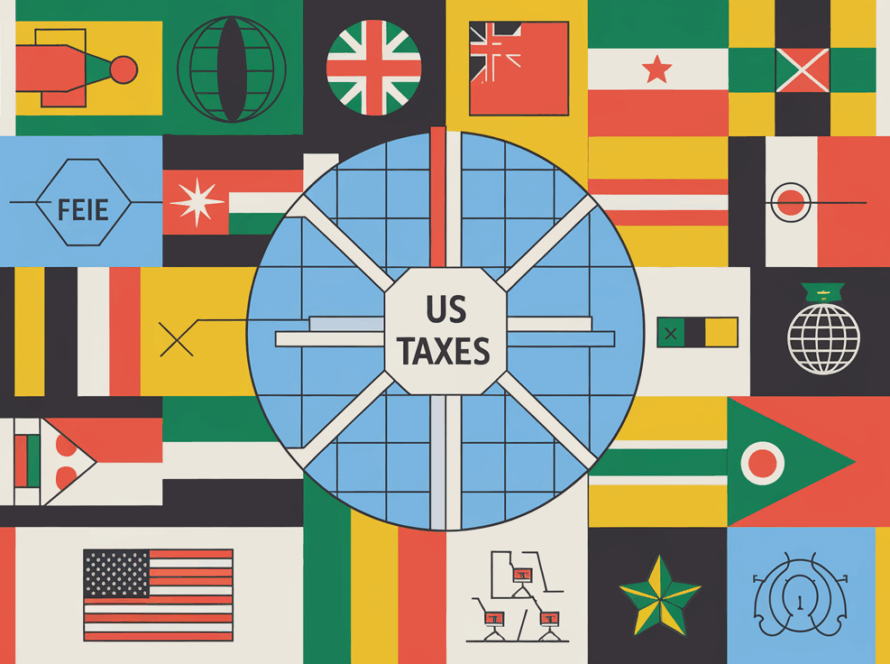 A block illustration showing a globe with flags representing different countries, connected to a central point labeled "US Taxes," with icons for key expat tax concepts.