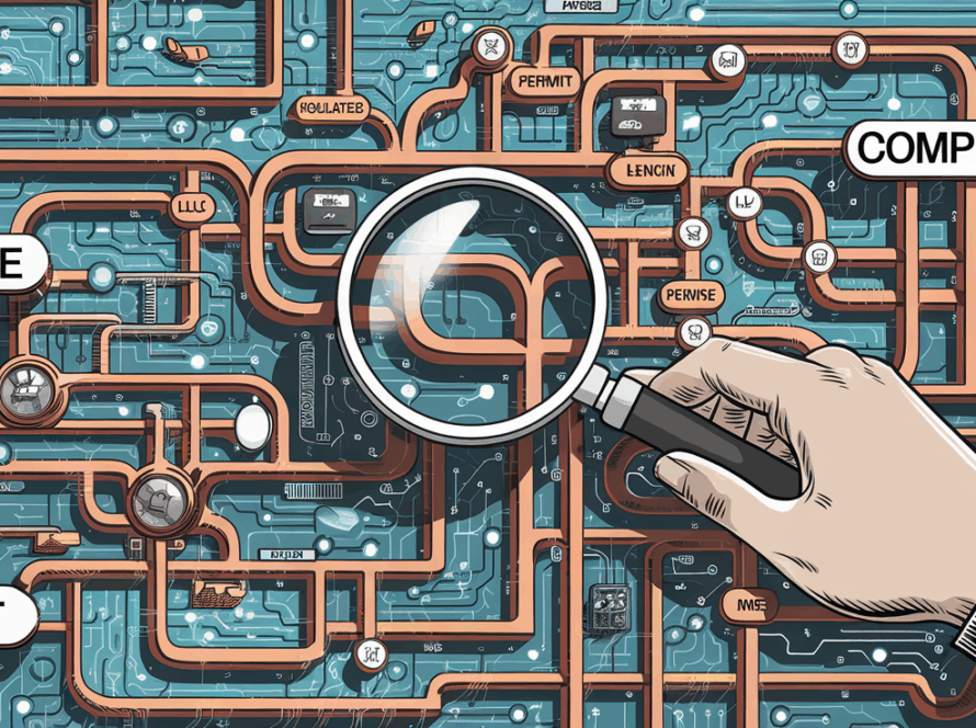 Magnifying glass examining a complex network of business regulations.