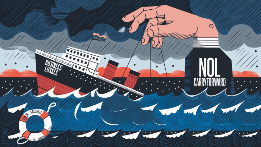 A block illustration showing a hand labeled "NOL Carryforward" lifting a sinking ship labeled "Business Losses" out of stormy waters.