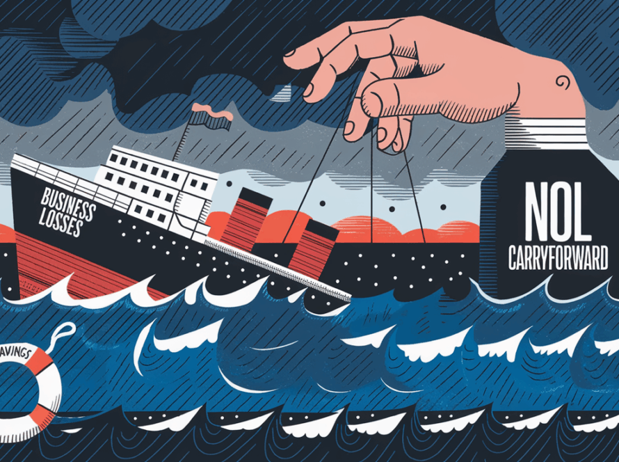 A block illustration showing a hand labeled "NOL Carryforward" lifting a sinking ship labeled "Business Losses" out of stormy waters.
