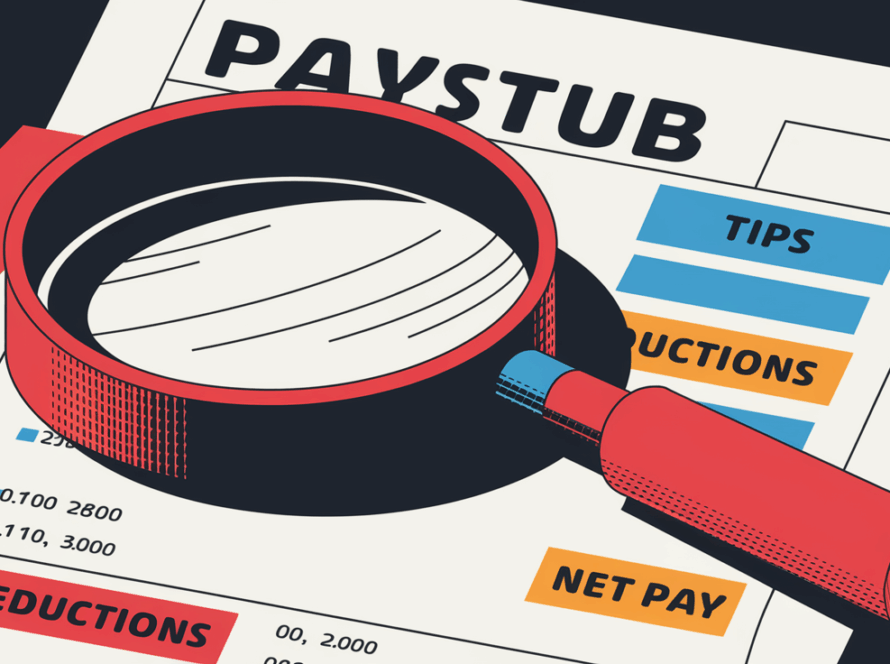 A magnifying glass examining a paystub with sections for tips, deductions, and net pay highlighted.