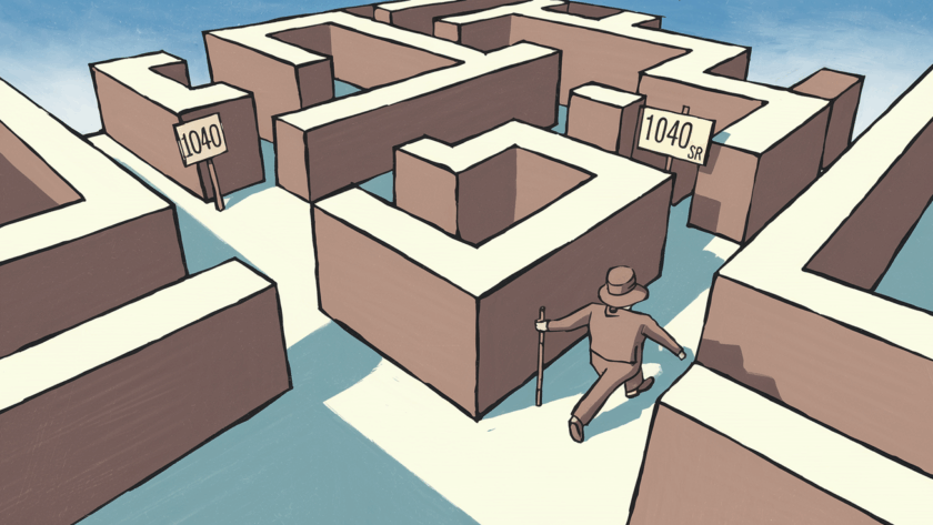 A block illustration of a person in a maze with "1040" and "1040-SR" signs, representing tax form choices.