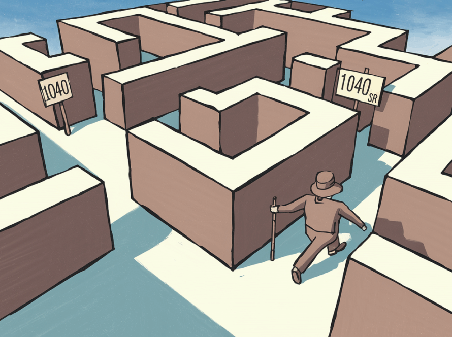 A block illustration of a person in a maze with "1040" and "1040-SR" signs, representing tax form choices.