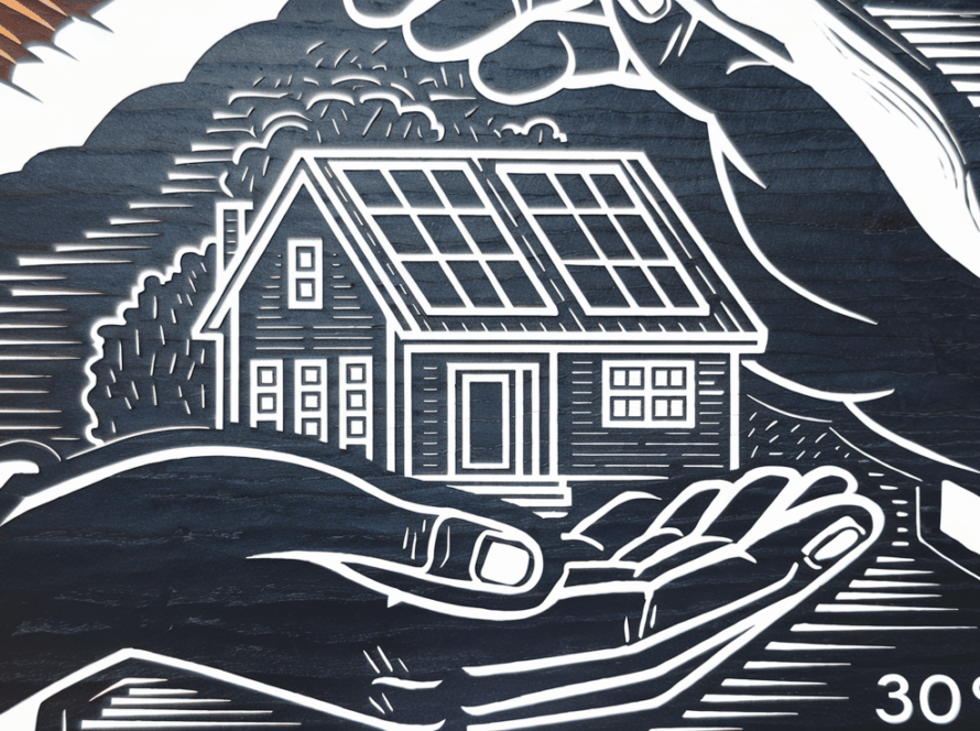 A house with solar panels being protected by a large hand.