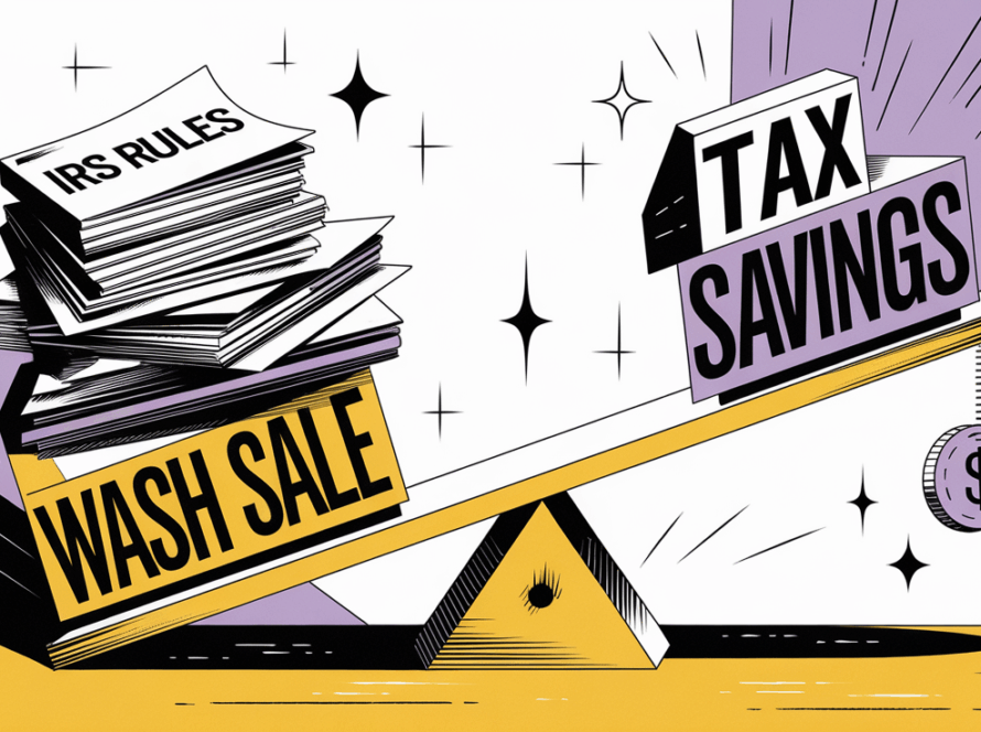 A seesaw with "Wash Sale" weighed down by "IRS Rules" and "Tax Savings" lifted by a "Loss" coin.