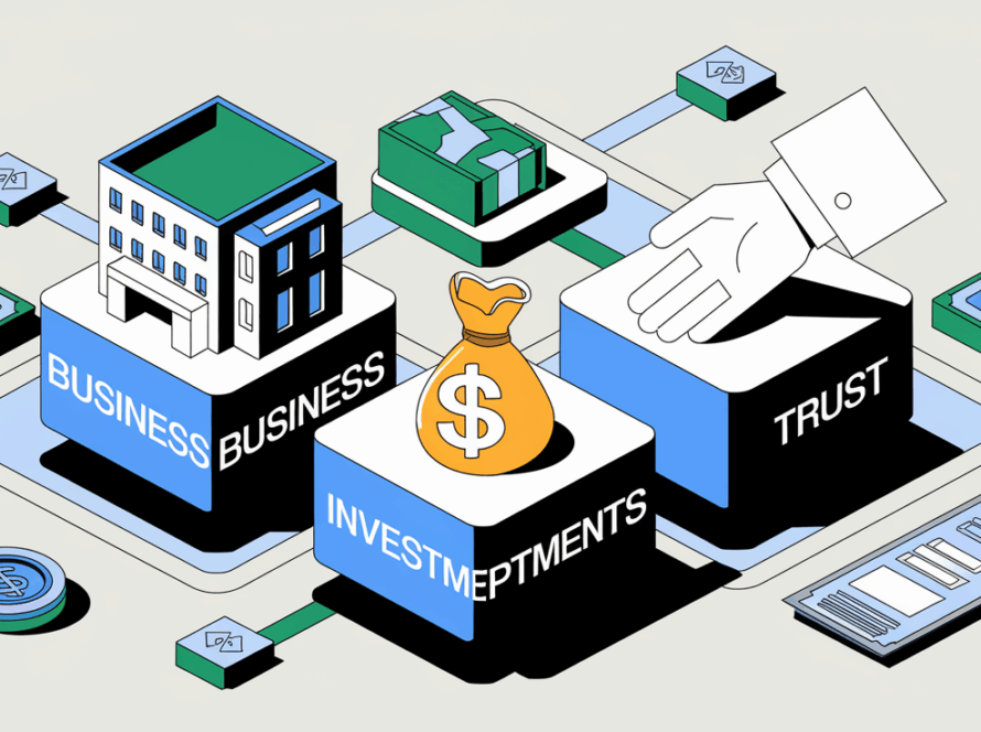 A block illustration showing the three components of the trifecta strategy as interconnected blocks, symbolizing the integration of business, investments, and trust for financial success.