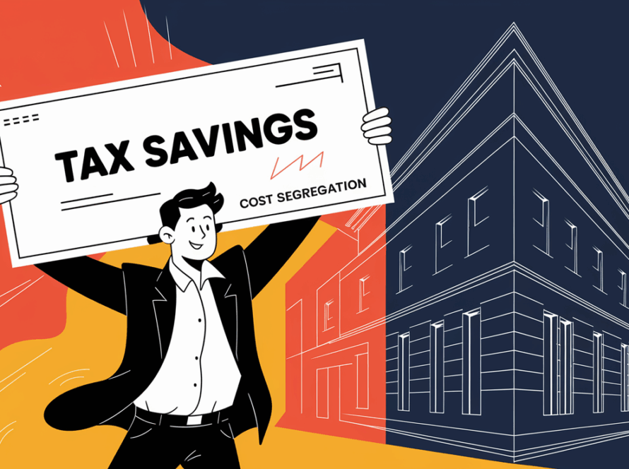 An advertising illustration of a joyful taxpayer holding a large check symbolizing "Tax Savings" achieved through cost segregation.