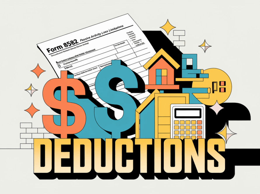 A block illustration of Form 8582 with tax-related icons like a dollar sign, house, and calculator, highlighting the keyword "Deductions."