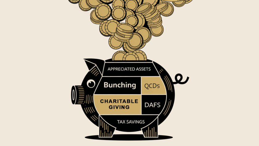 A stylized piggy bank overflowing with coins, representing tax savings through charitable giving.