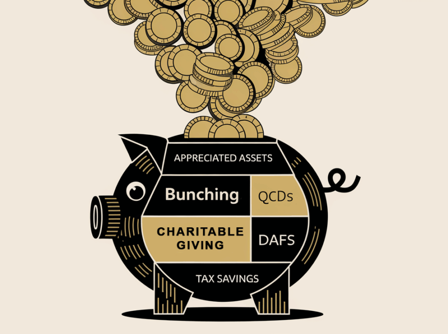 A stylized piggy bank overflowing with coins, representing tax savings through charitable giving.