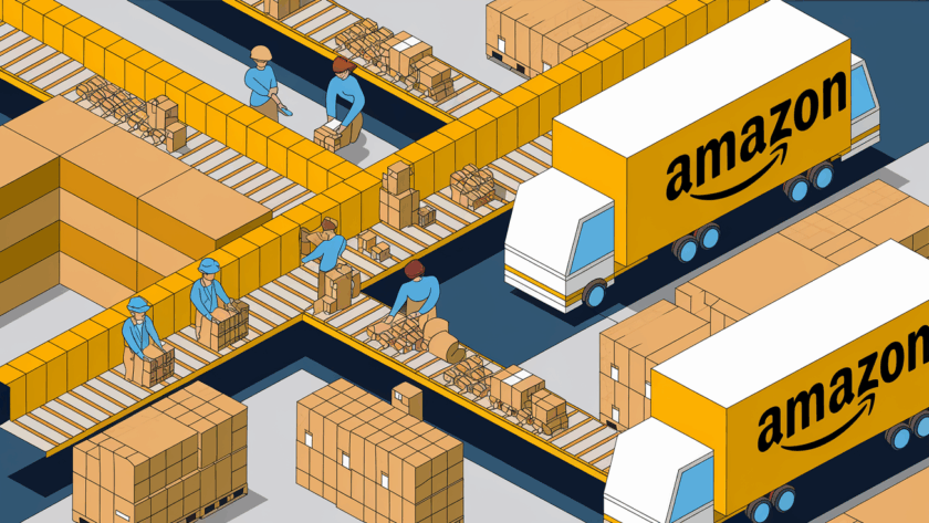 A block illustration of an Amazon fulfillment center with packages, workers, and trucks, highlighting the keyword "Fulfillment."
