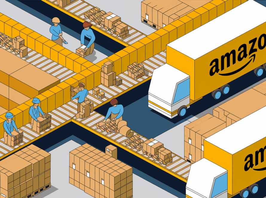 A block illustration of an Amazon fulfillment center with packages, workers, and trucks, highlighting the keyword "Fulfillment."
