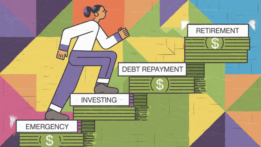 A person climbing stairs made of money, representing financial progress.