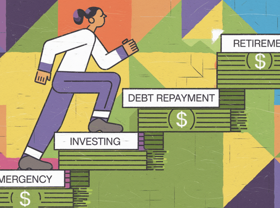 A person climbing stairs made of money, representing financial progress.