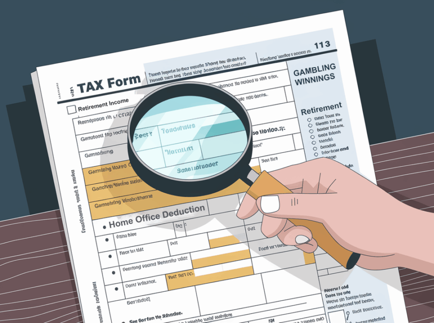 A hand holding a magnifying glass over a tax form.