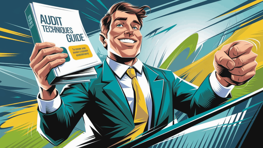 An advertising illustration of a smiling taxpayer confidently holding an "Audit Techniques Guide."