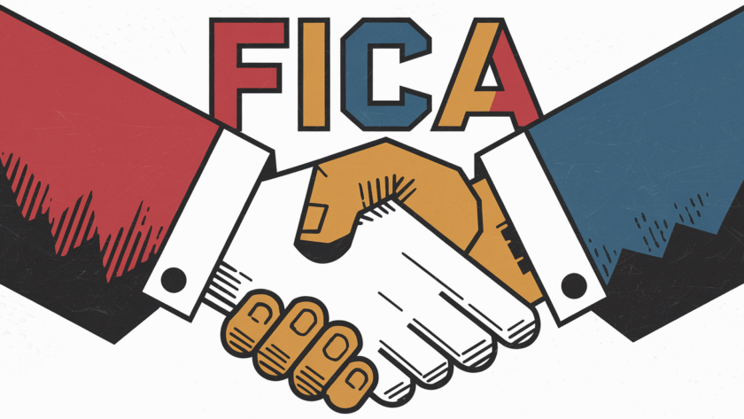 Block illustration of employer and employee shaking hands with FICA written above.