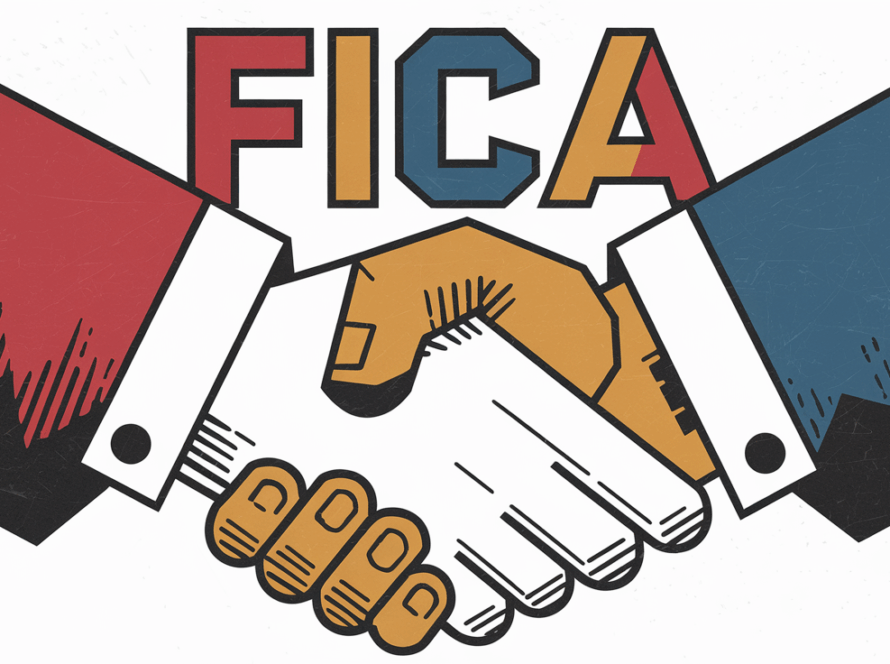 Block illustration of employer and employee shaking hands with FICA written above.