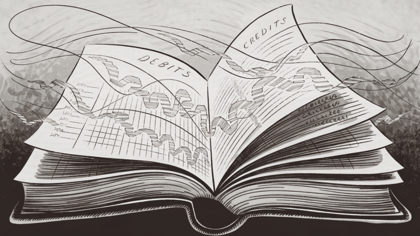 An open book with intricate ink drawings representing the flow of transactions in a general ledger.