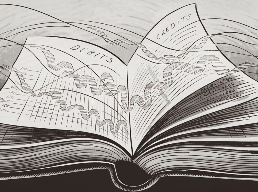 An open book with intricate ink drawings representing the flow of transactions in a general ledger.