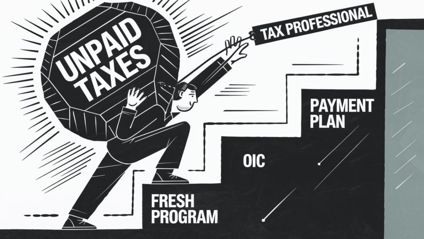 A person struggling to carry a heavy load of unpaid taxes up a staircase, reaching for help from a tax professional.