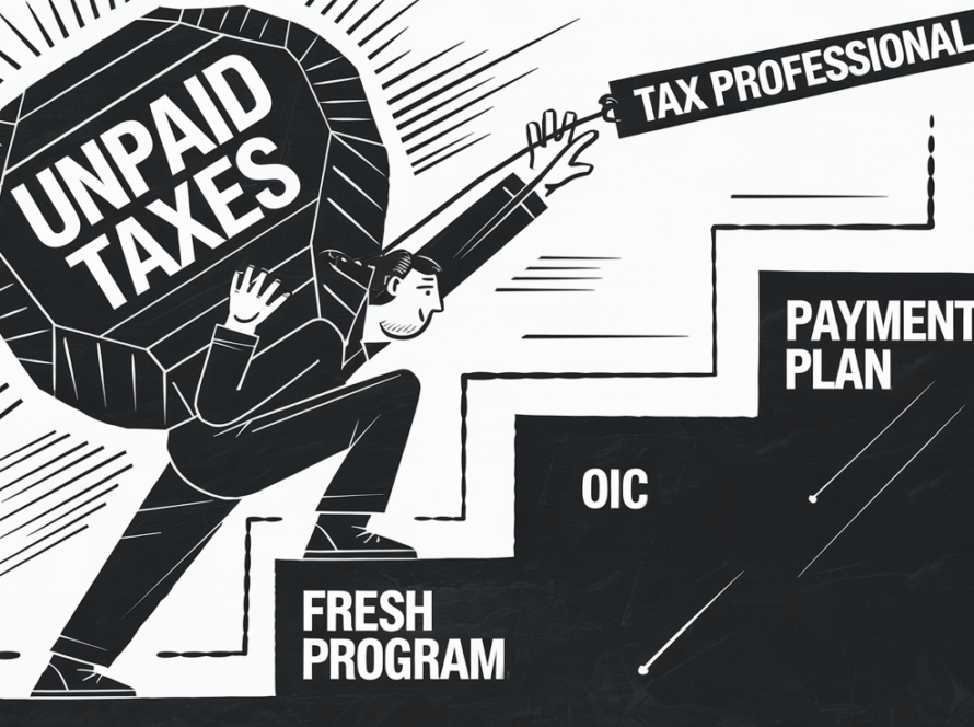 A person struggling to carry a heavy load of unpaid taxes up a staircase, reaching for help from a tax professional.